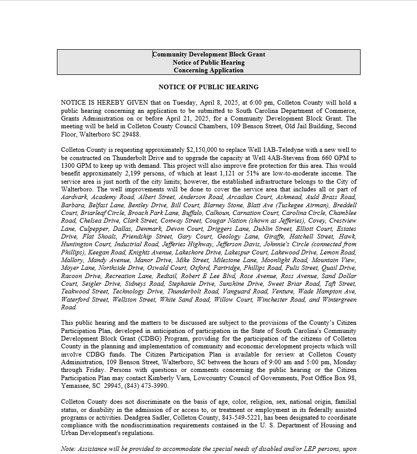 Notice of Public Hearing - Community Development Block Grant