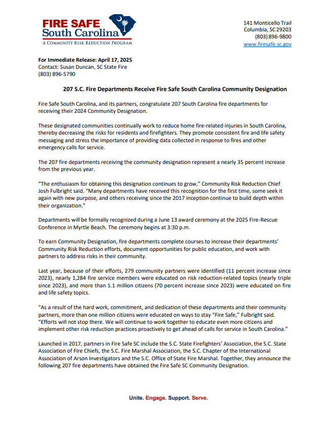 2024 South Carolina Fire Safe Community Designation