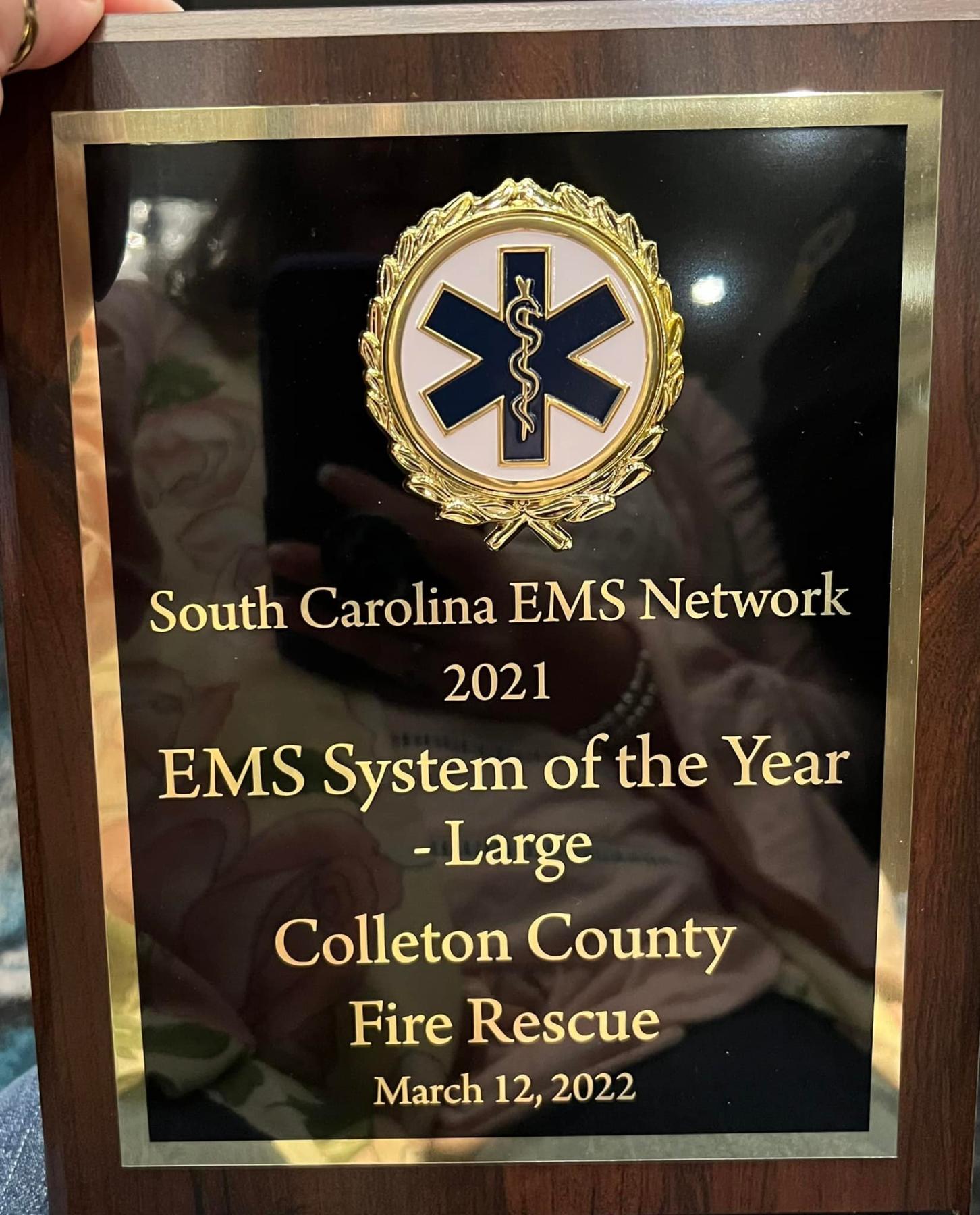 South Carolina EMS Network Large System of the Year for 2021 Plaque